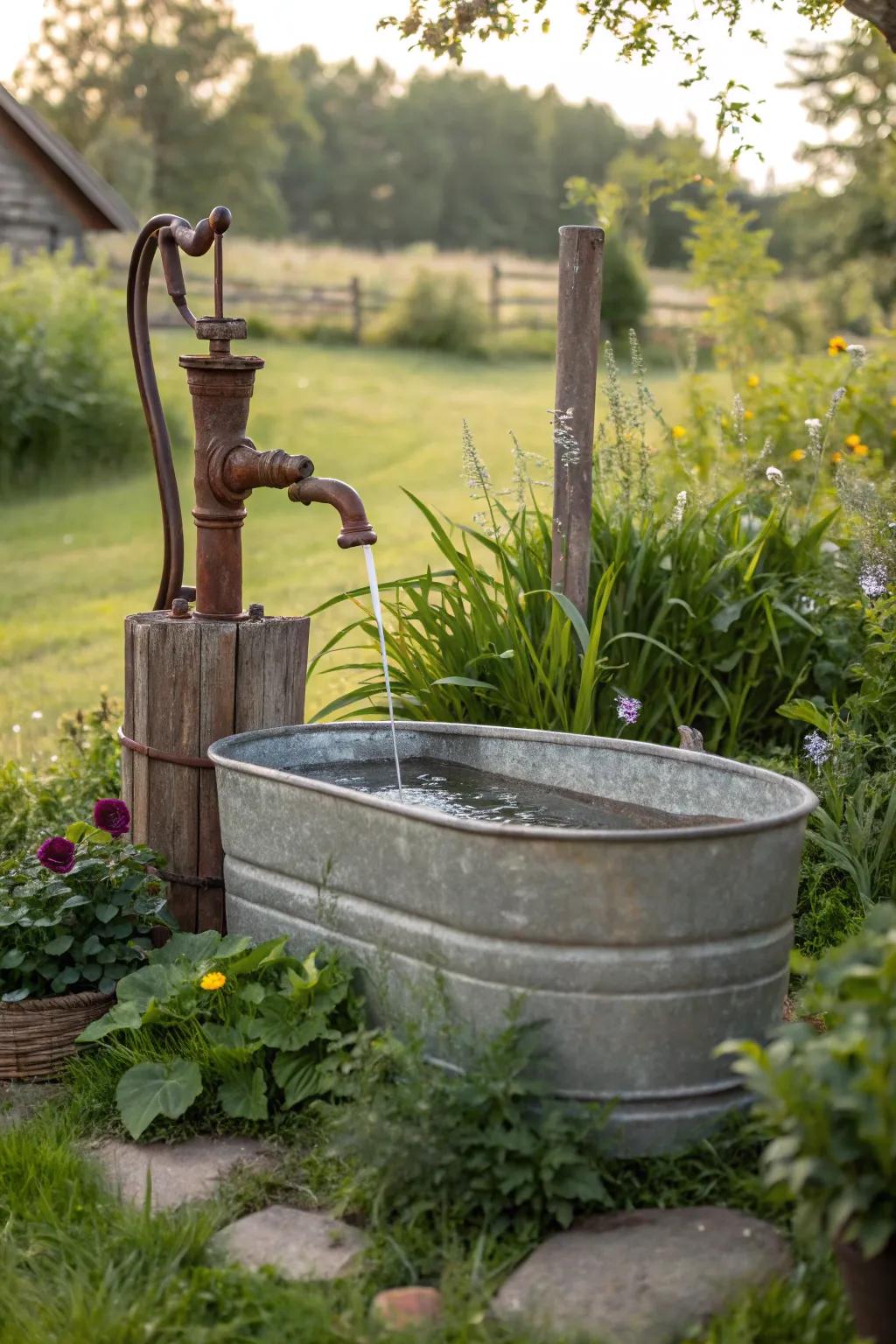 A vintage manual dispenser infuses nostalgic charm into a basin fountain.