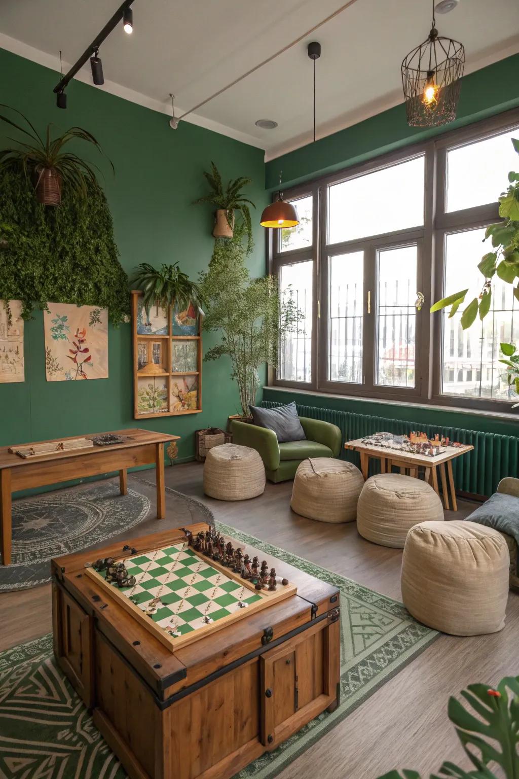 Green walls bring peace and a fresh feel to the game room.