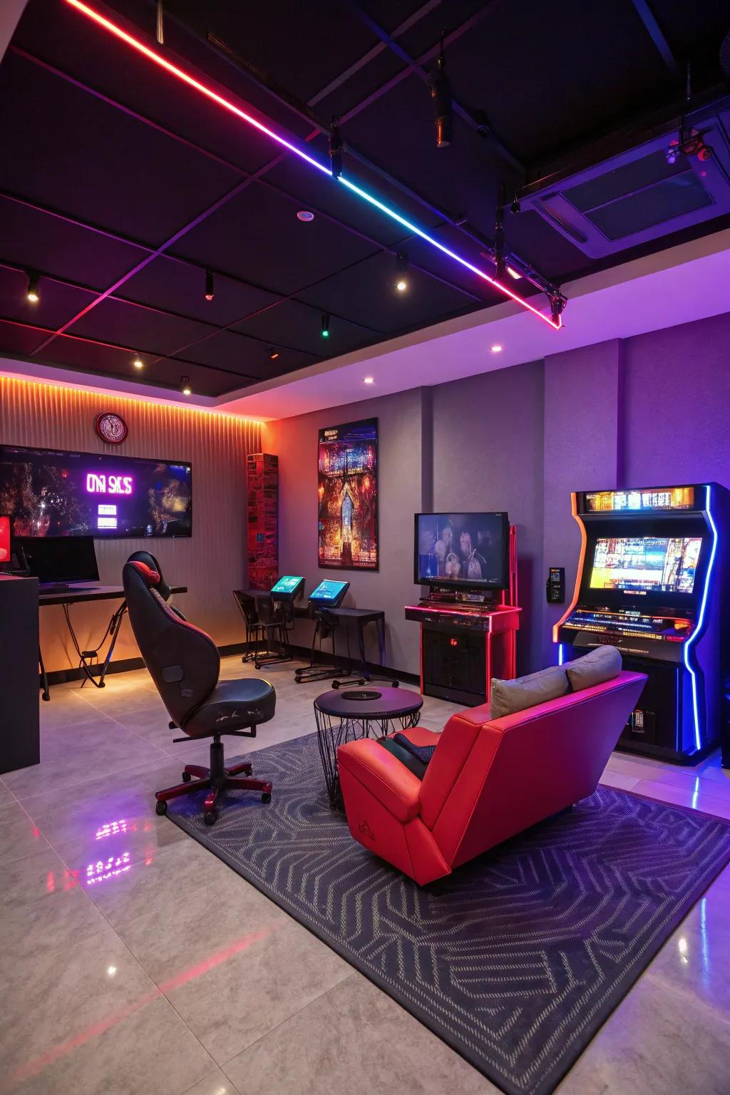 Neon lighting brings a futuristic vibe to your gaming room.