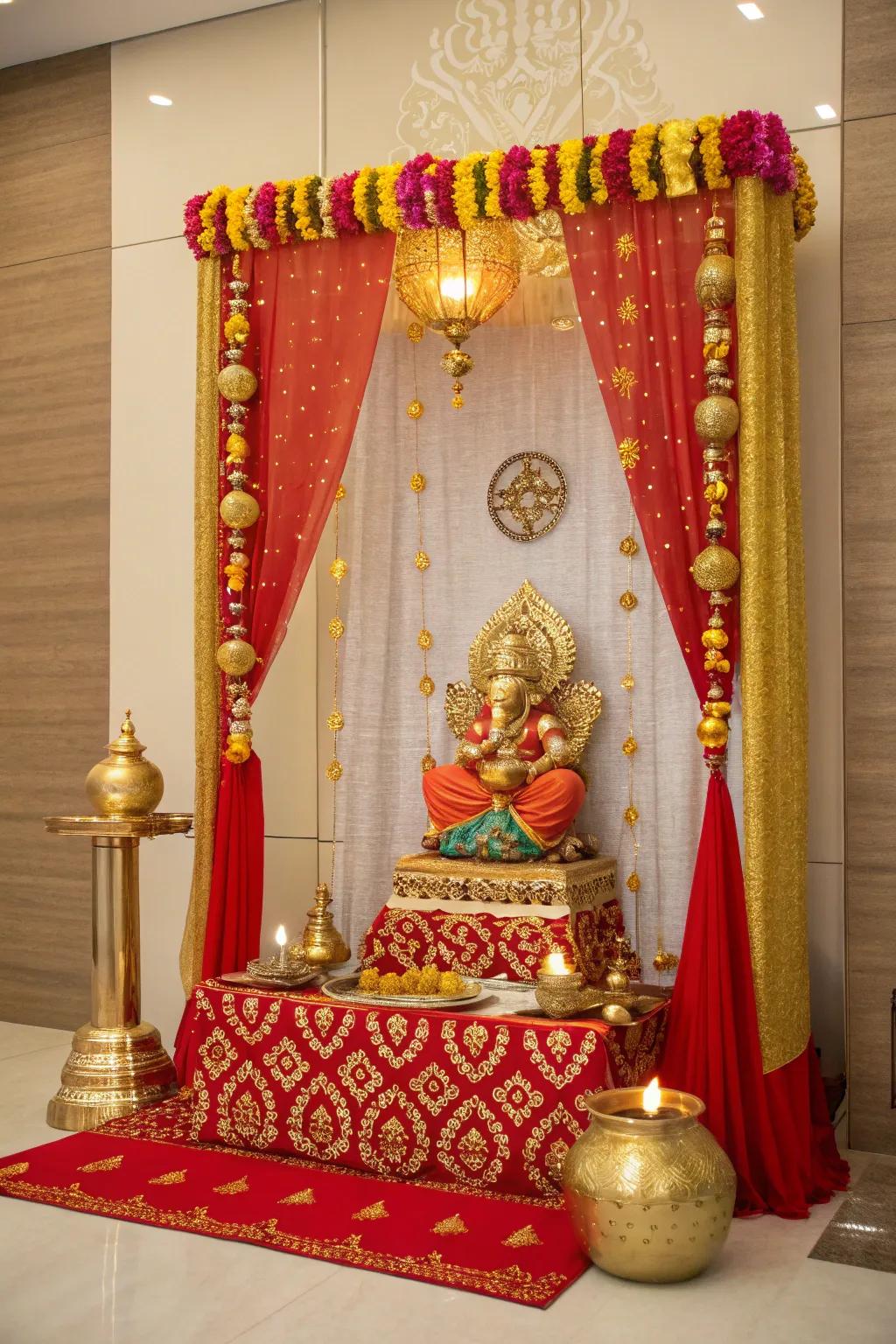 A harmonious golden and scarlet theme for Ganpati decor.