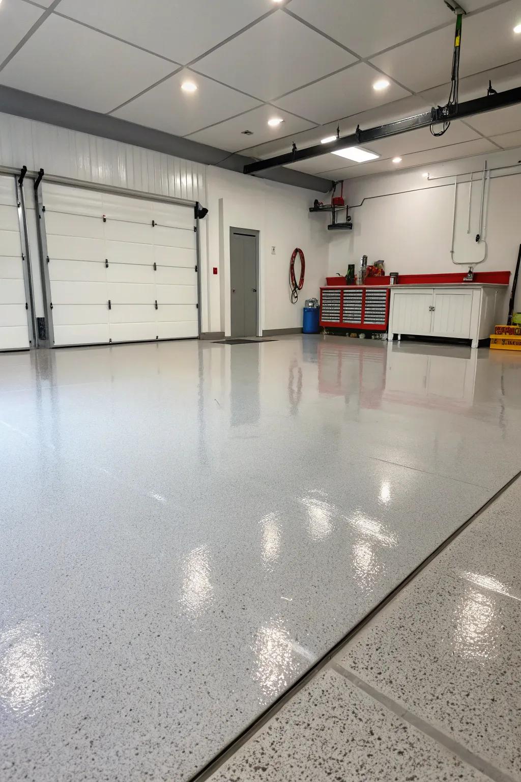 Smooth epoxy flooring makes the garage look better.