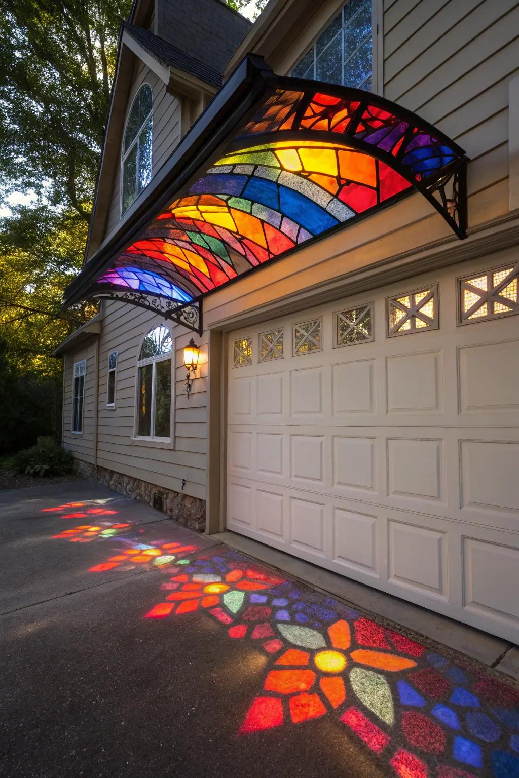 Artistic stained glass shelter with vibrant light effects.