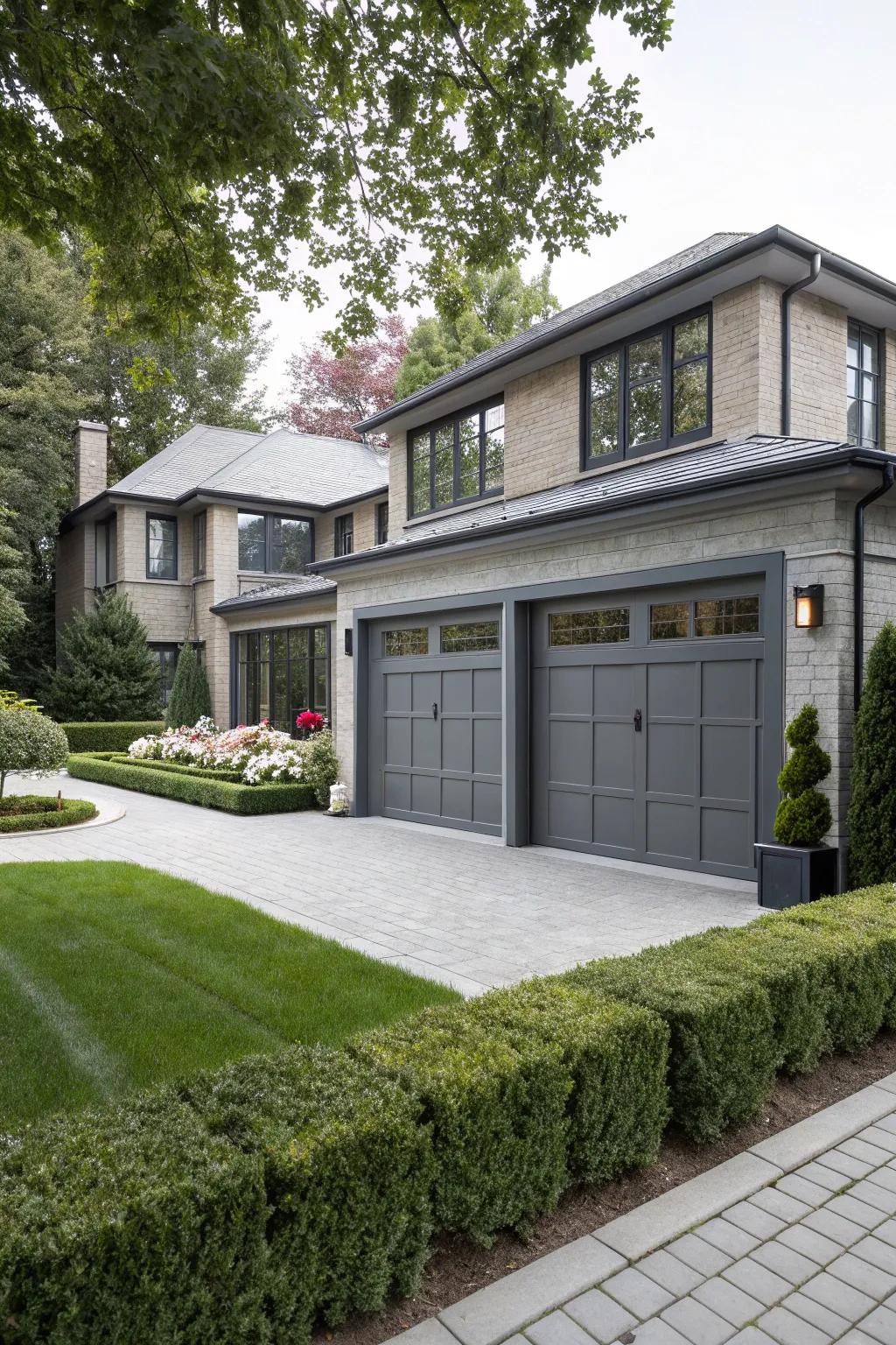 Refined gray garage doors add depth and contemporary elegance.