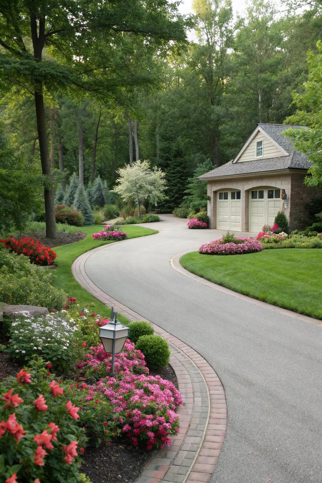 Curved driveway design that improves the landscape's flow.