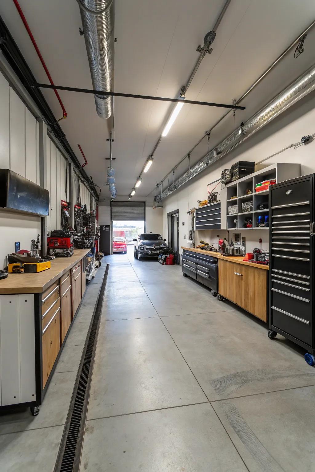 A garage extension providing plenty of space for a customized workshop.