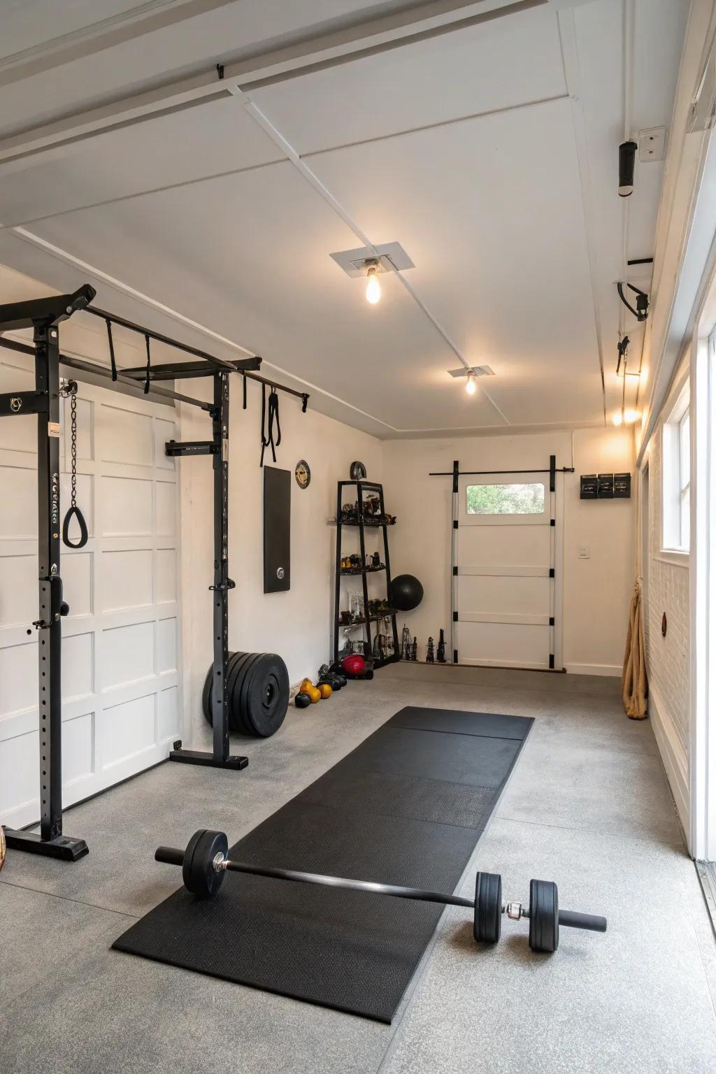 White walls offer a clean, expansive feel for focused workouts.