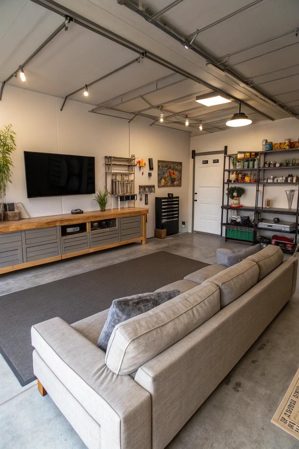 Open-concept design for a generous and calming man cave.