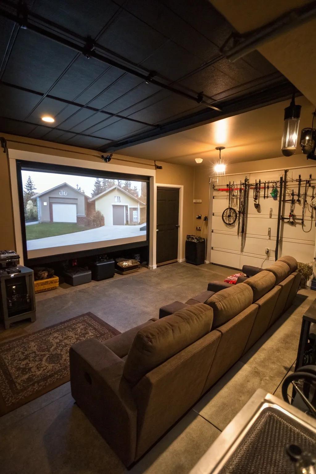 Enjoy a movie experience in your garage with a cinema-style setup.
