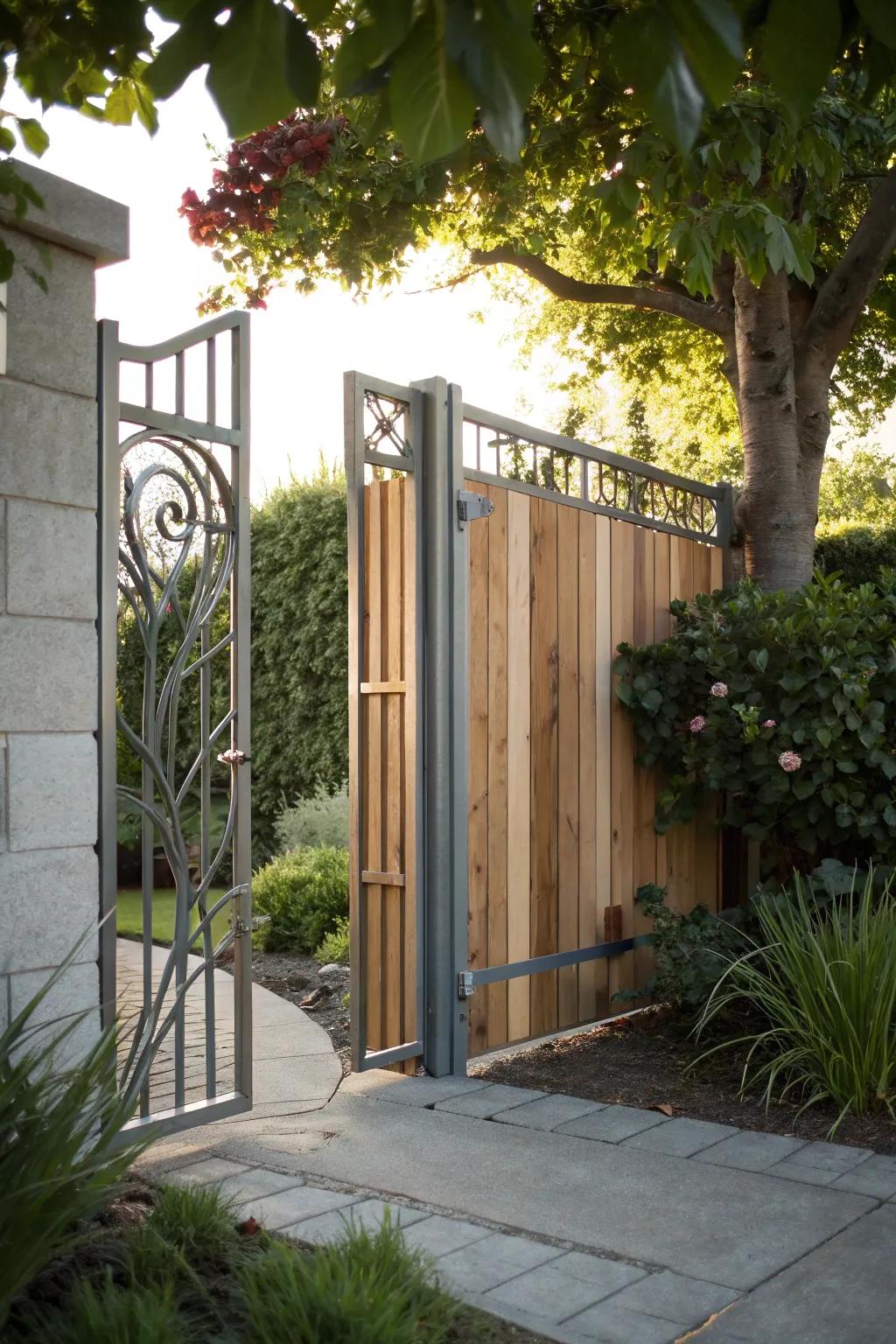 Modern garden door blending metal and wood for aesthetics and durability.