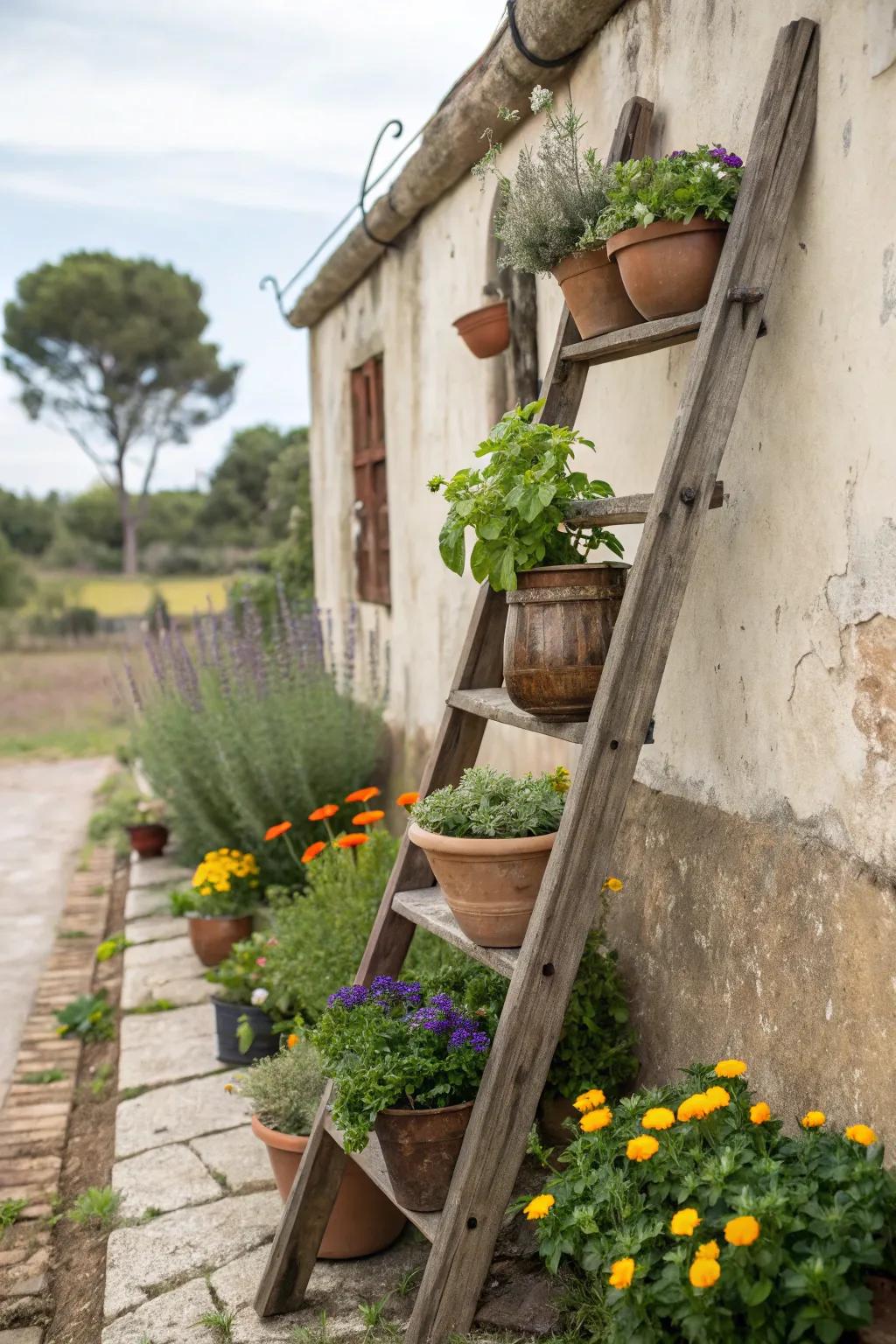 A vertical ladder garden overflowing with potted plants.
