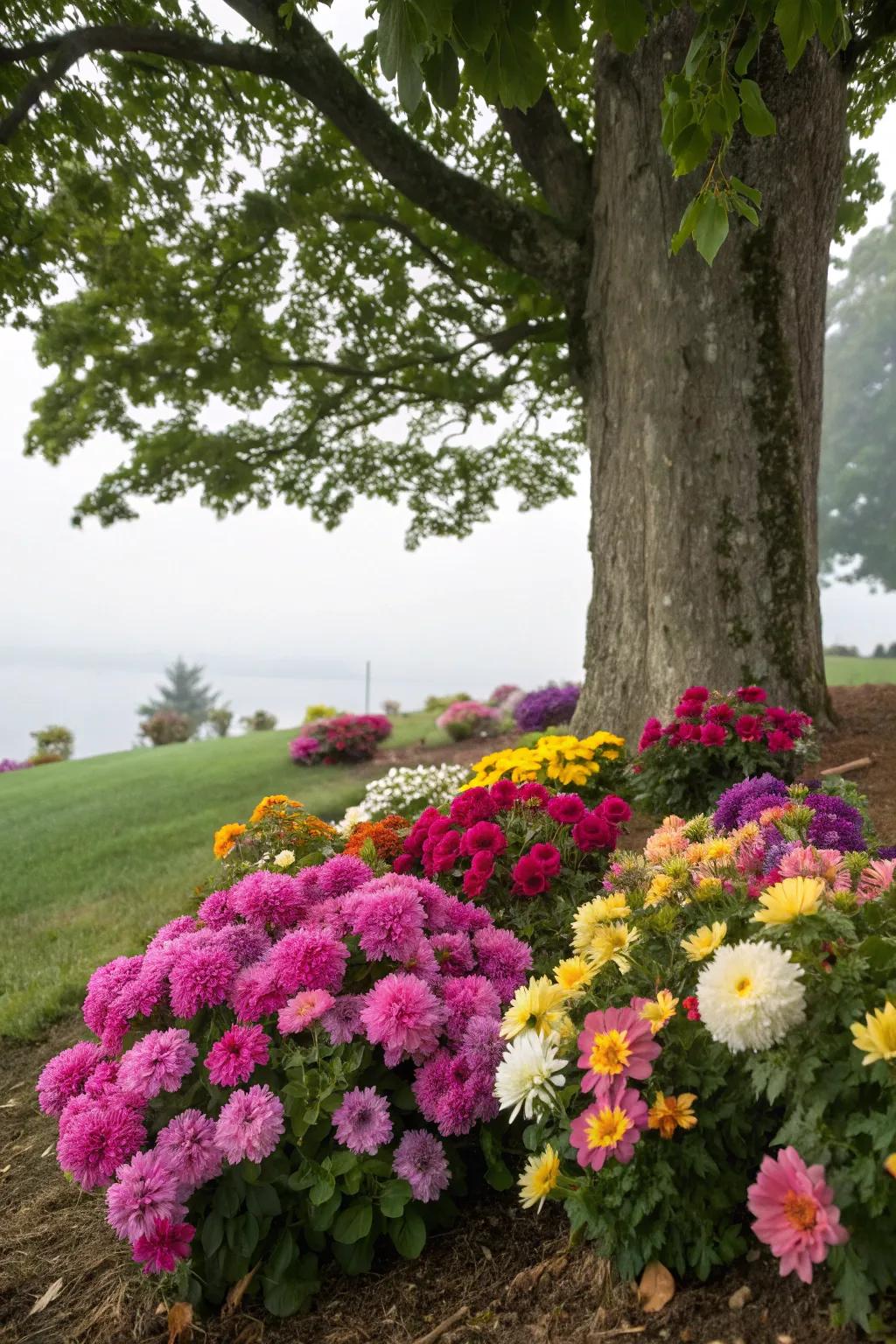 Colorful flowers are planted around the base of a tree.