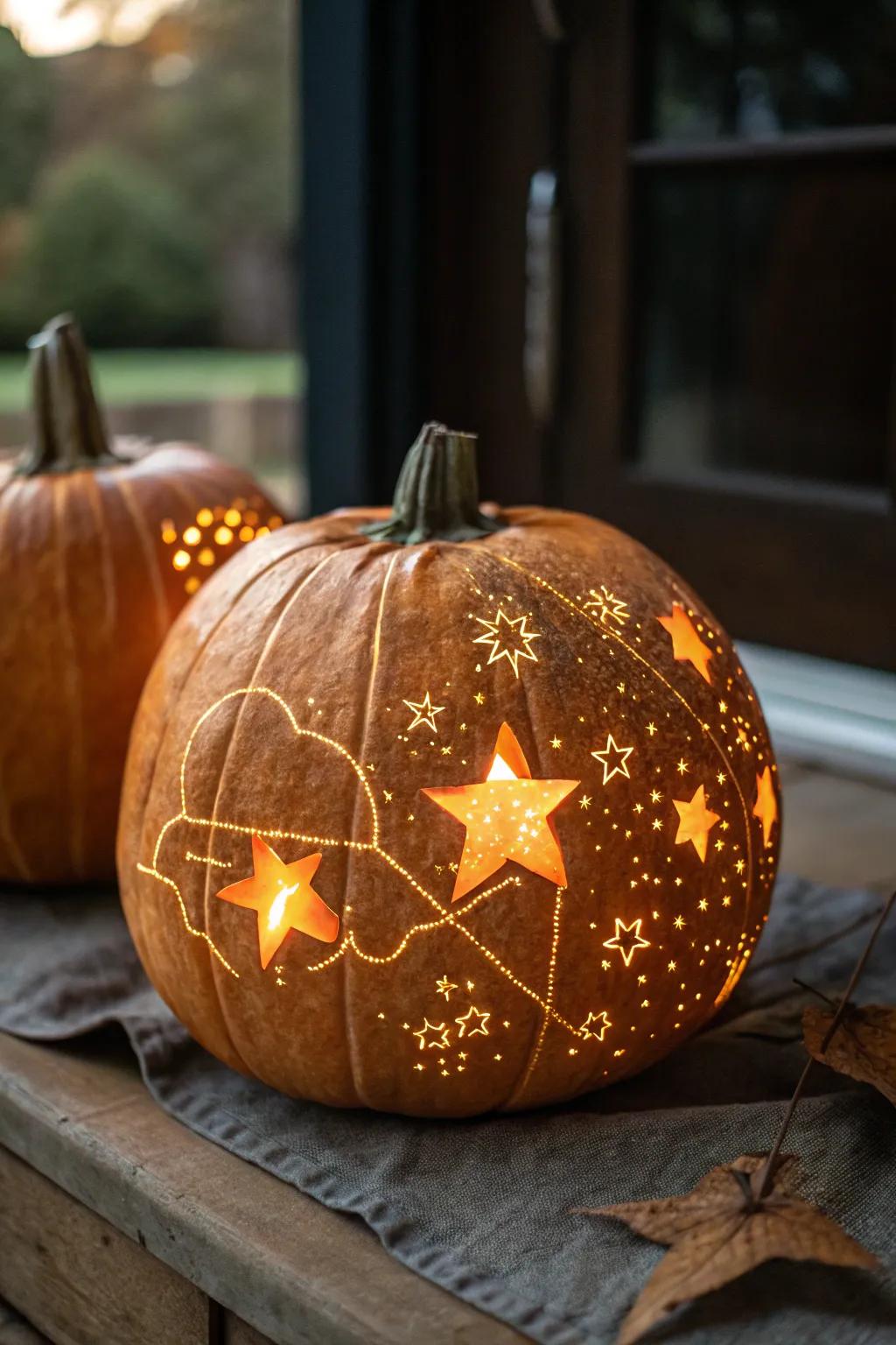 A bewitching celestial canvas pumpkin, projecting exquisite light and shadow arrangements.