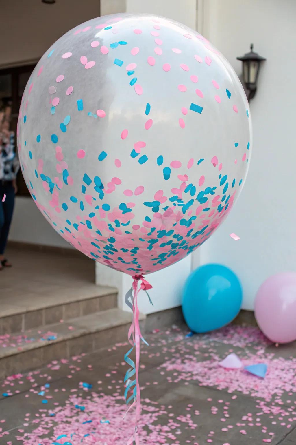 A suspenseful balloon filled with confetti, set to reveal the delightful secret.