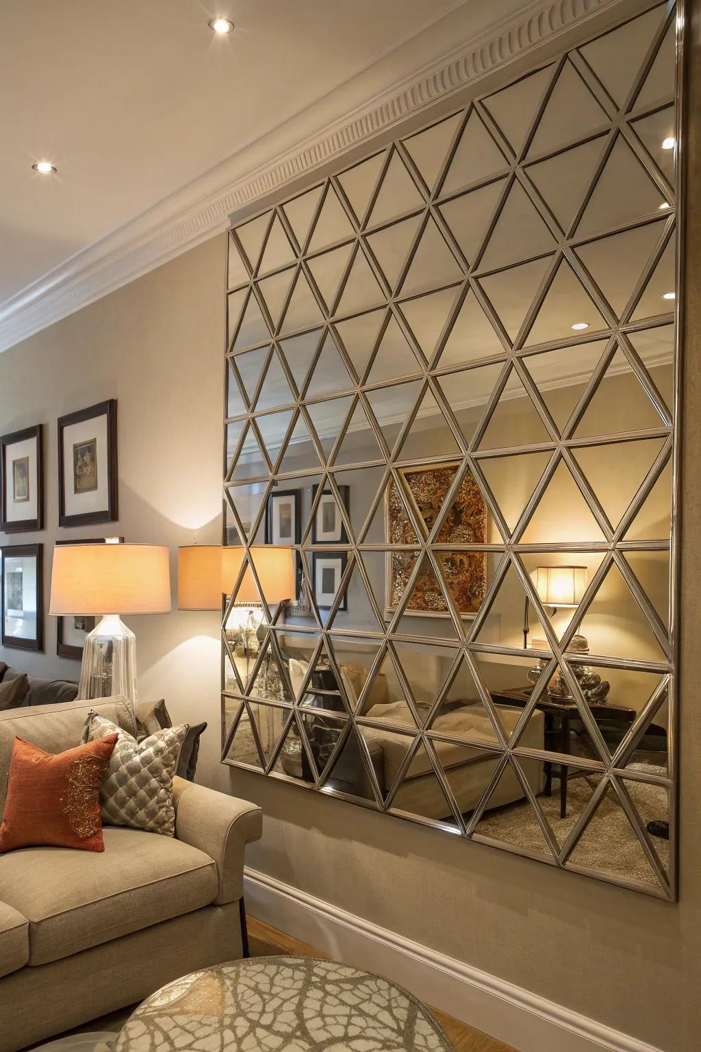Mirrored geometric art enhances light and a dash of luxury.