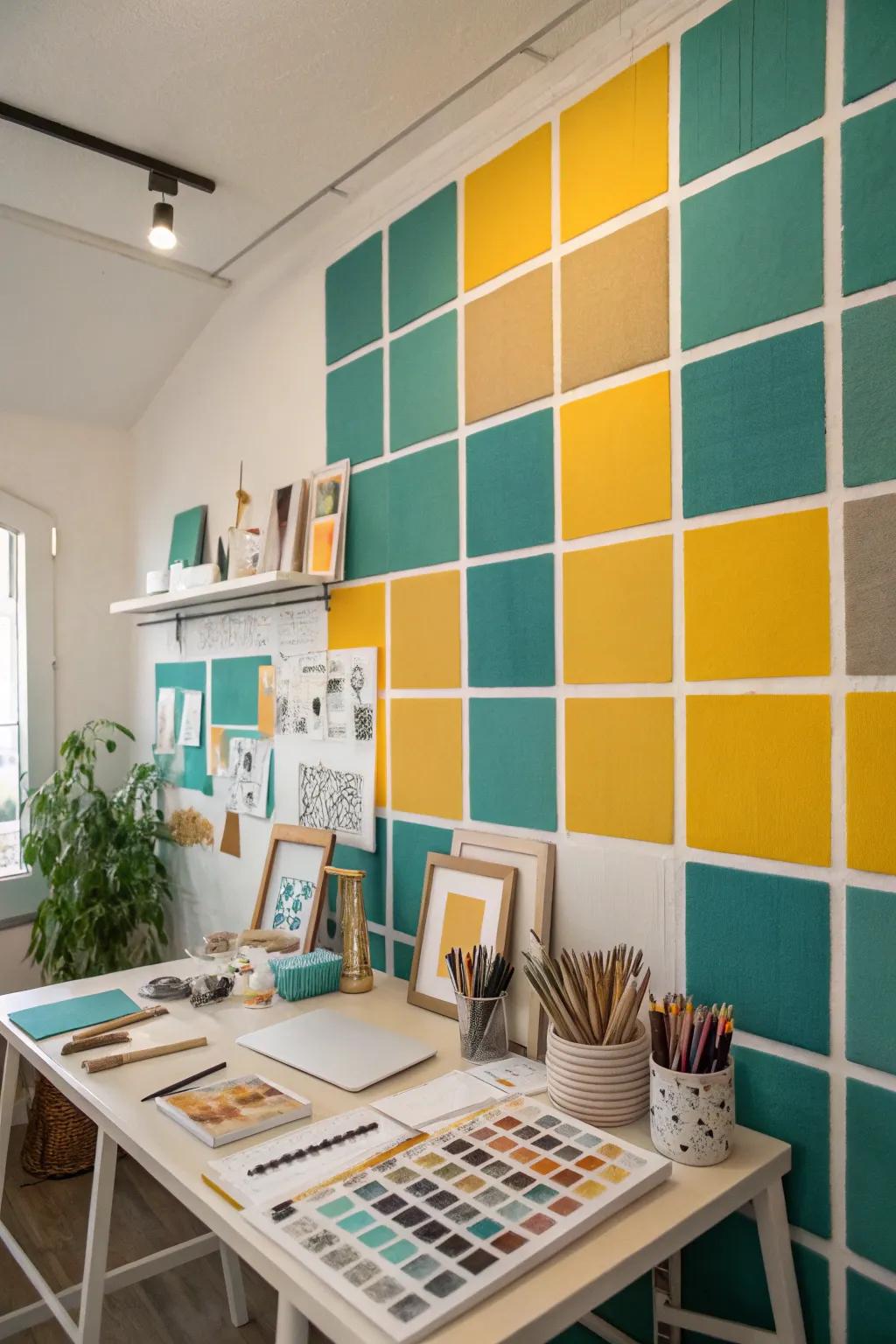 A creative space featuring a vibrant geometric wall made of mixed rectangles.