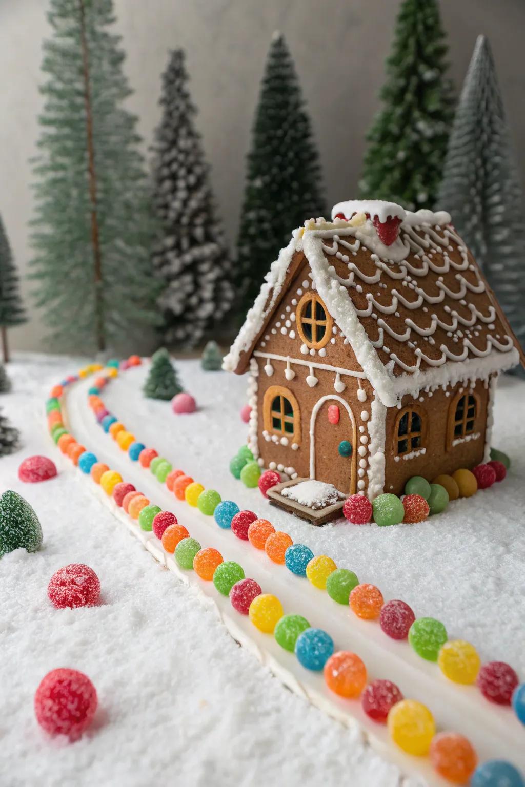 A welcoming chewy drop pathway advances to the gingerbread cabin.