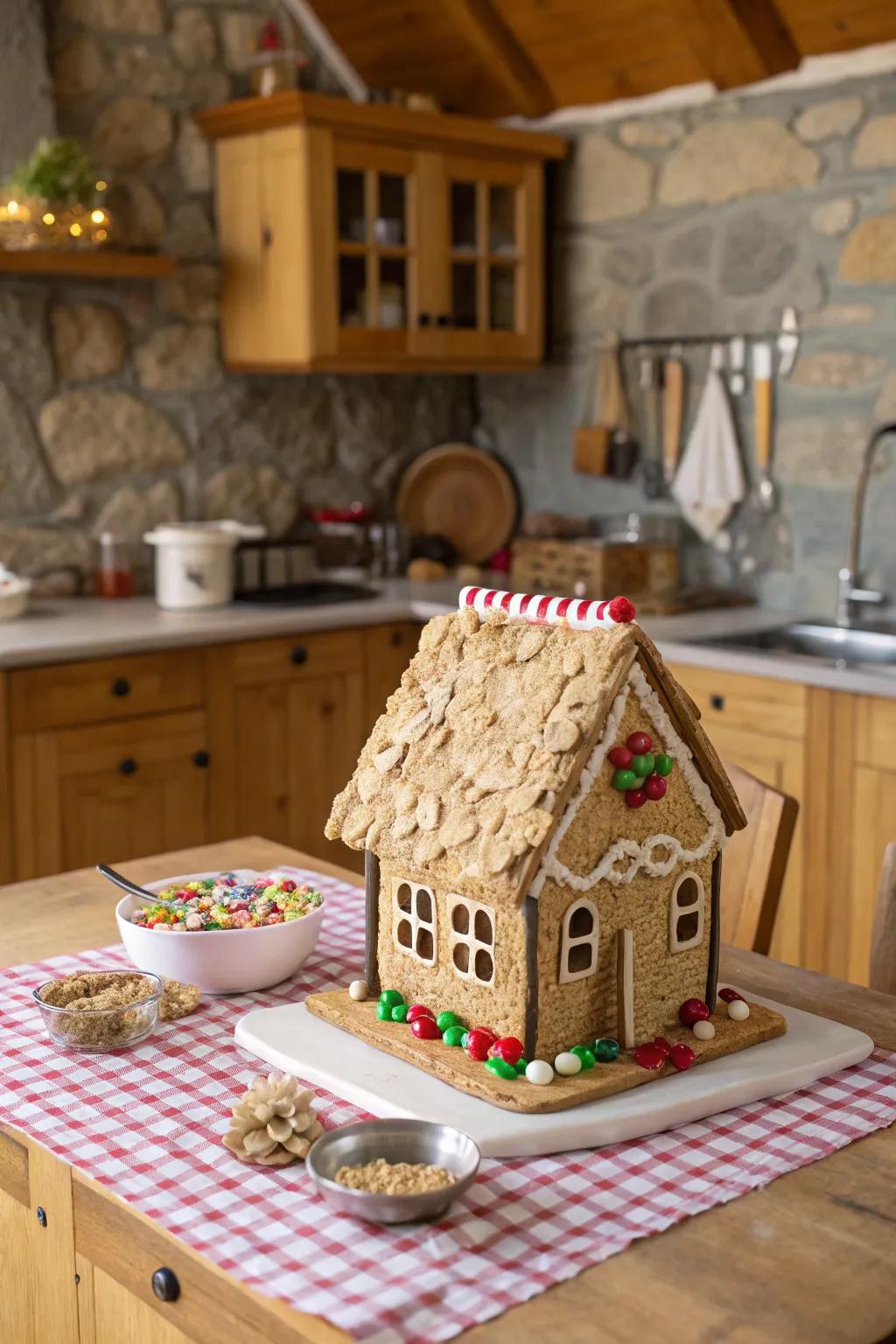 A grain circle thatch roof atop a gingerbread house.
