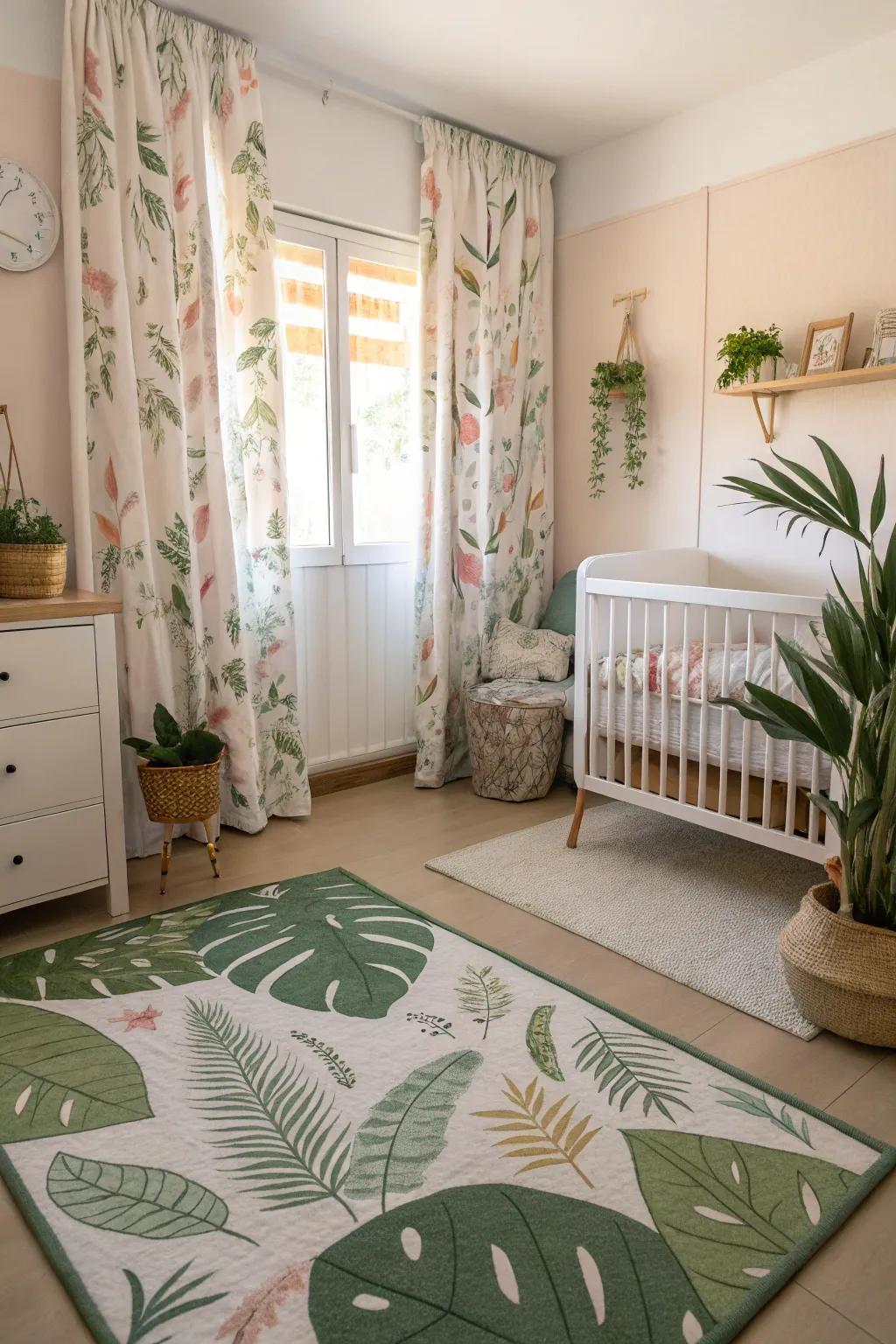 Plant-themed fabrics contribute a natural element to the nursery.