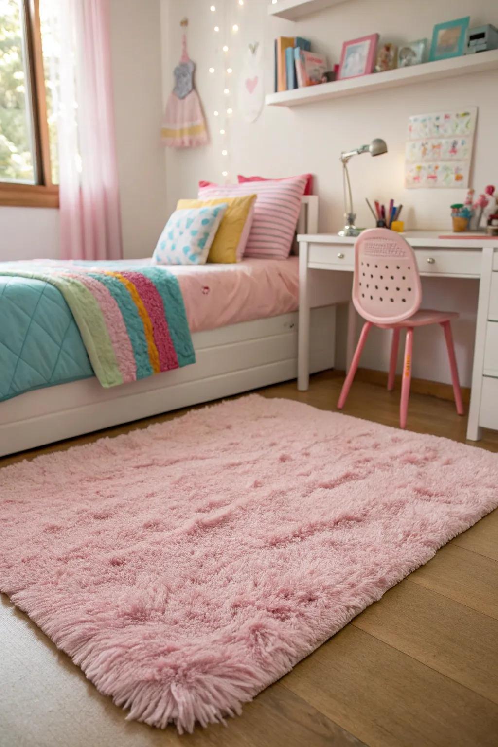 A delicate rose rug brings comfort and flair.