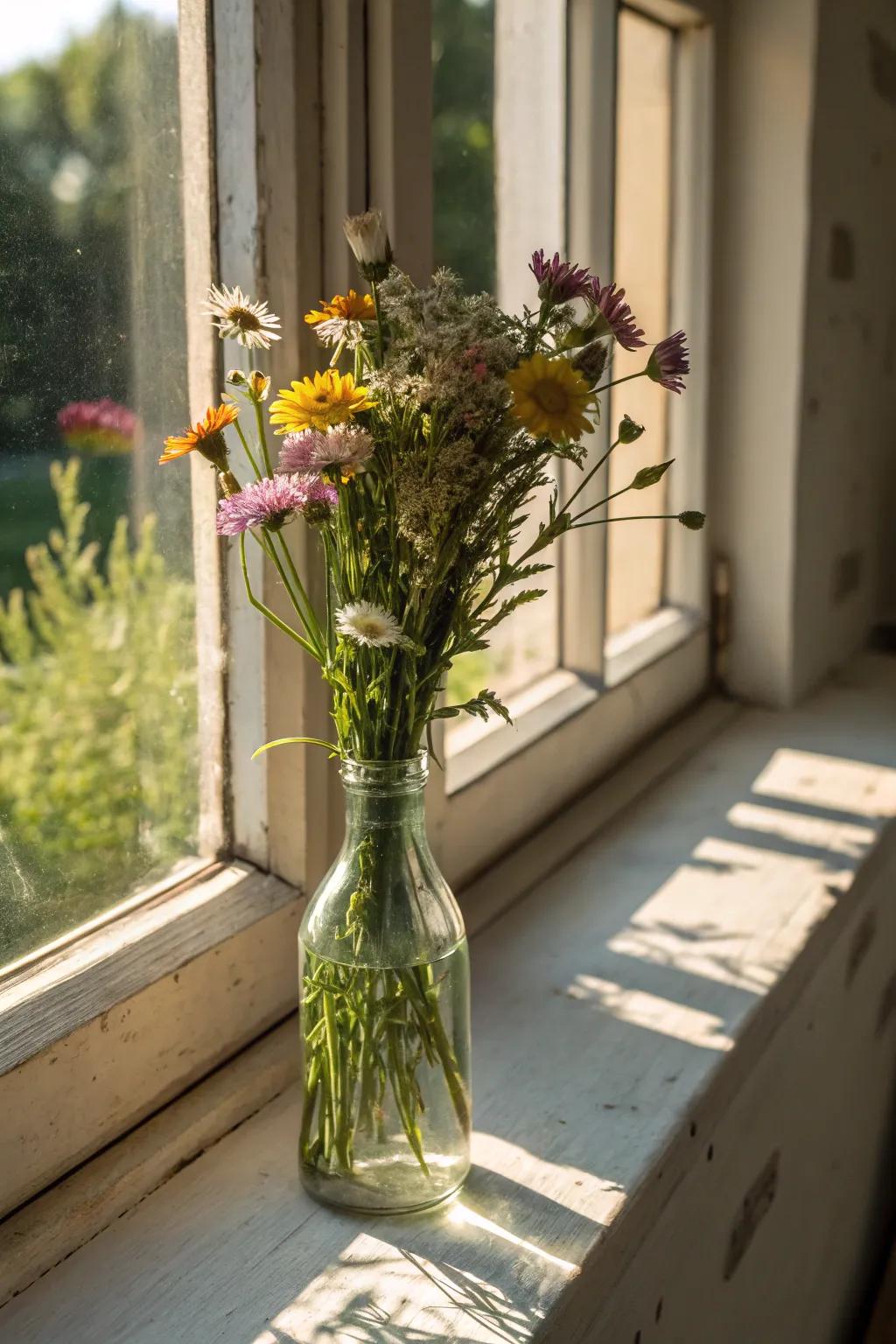 A glass bottle repurposed as a charming flower vessel.