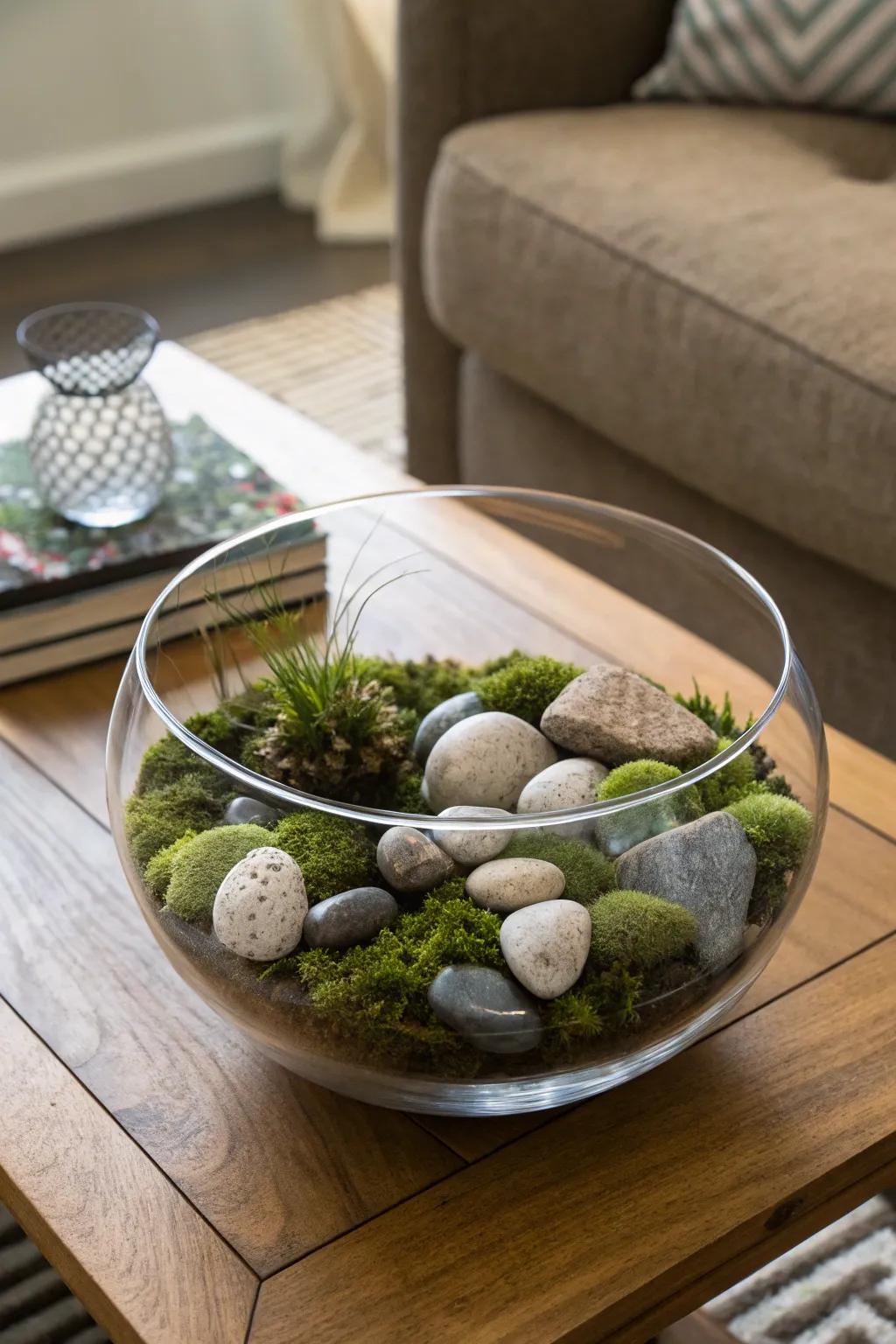 Stones and moss in a glass bowl make a natural, earthy centerpiece.