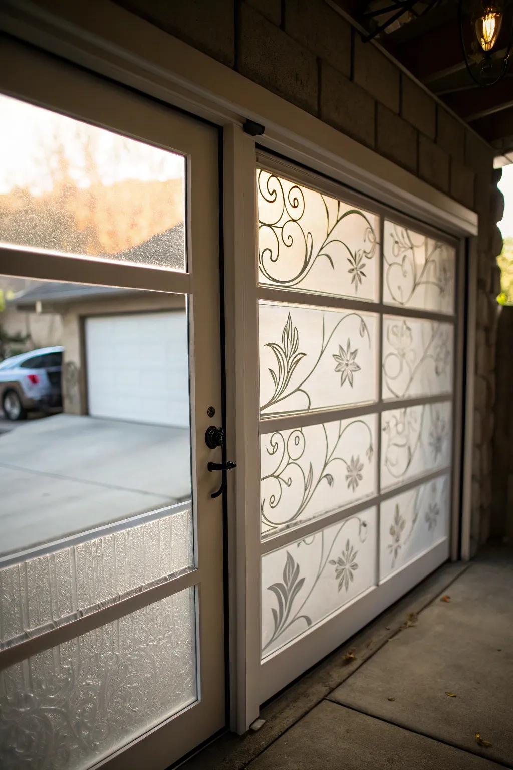 A stylish carport door featuring frosted glass for added privacy.