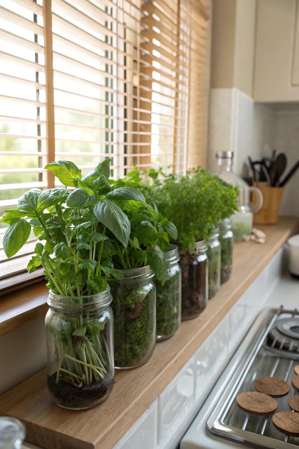 A scaled-down spice garden conveys freshness and tang to your cooking area.