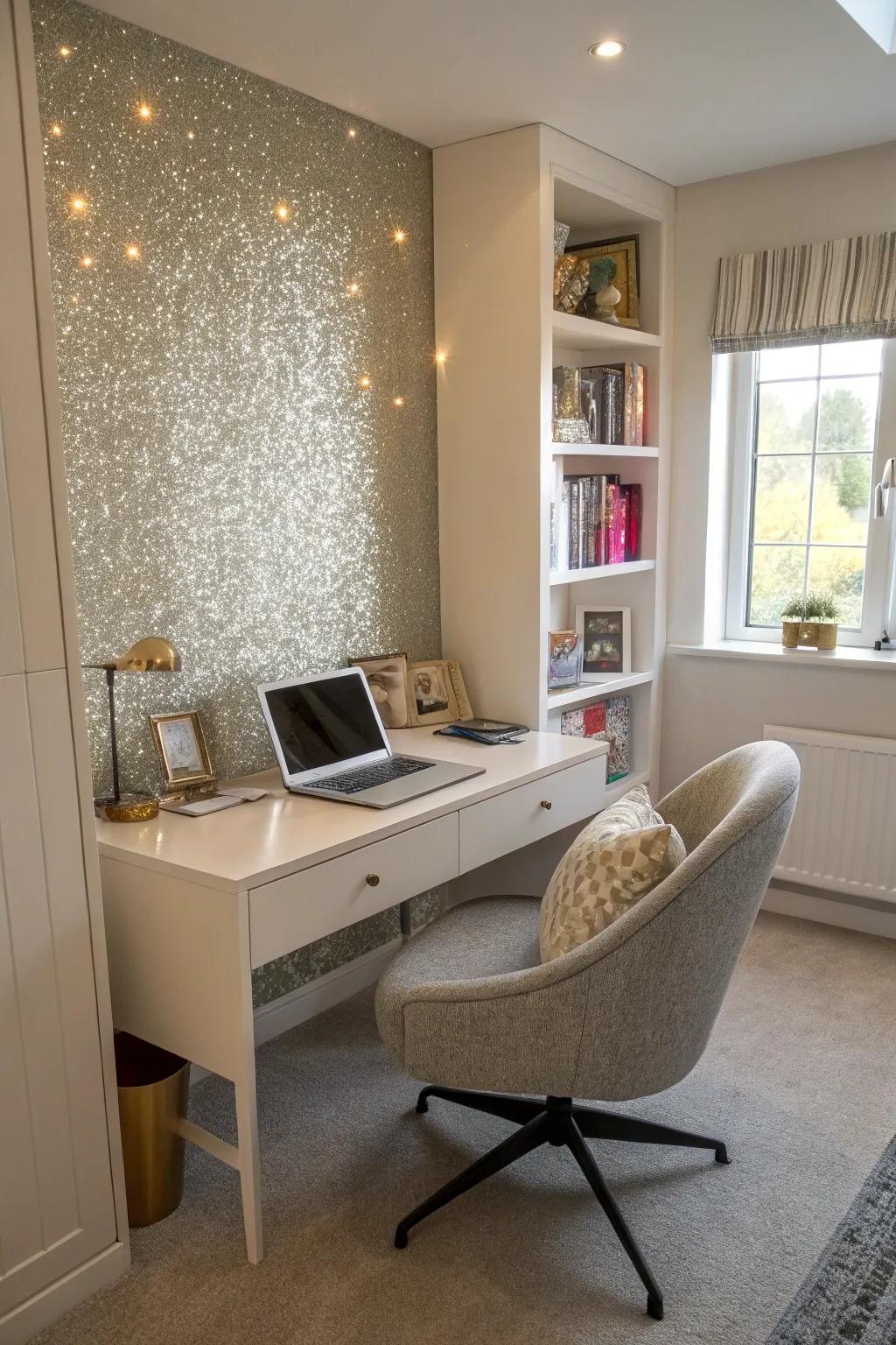 A shimmer accent wall infuses inventiveness into a home office.