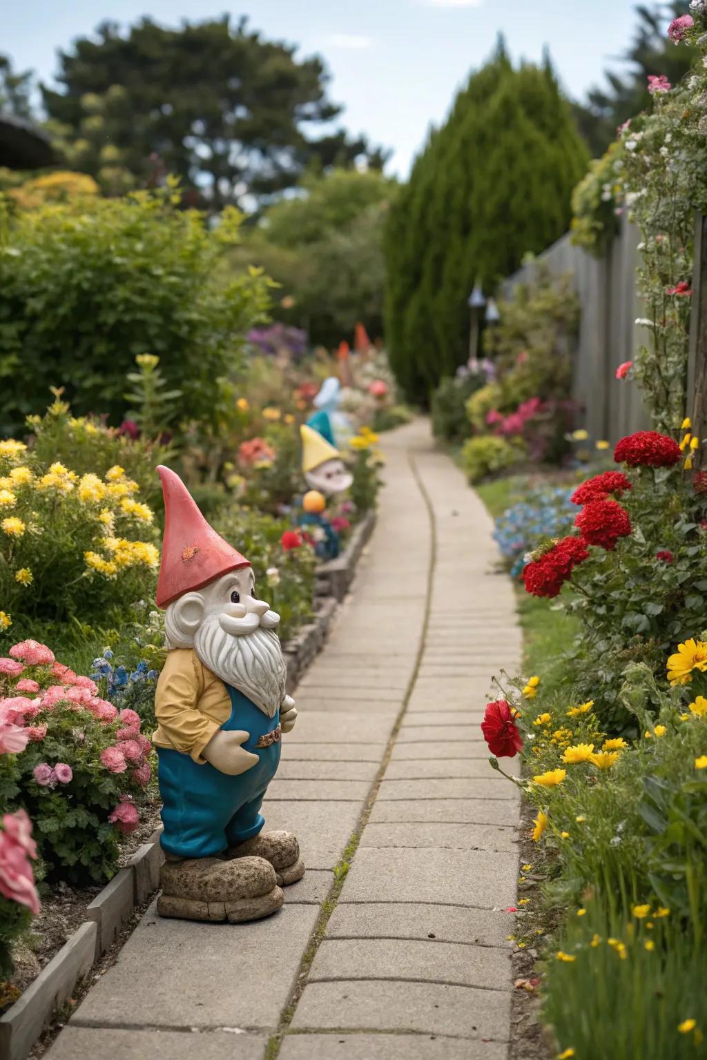A captivating gnome parade merrily leading down a garden route.