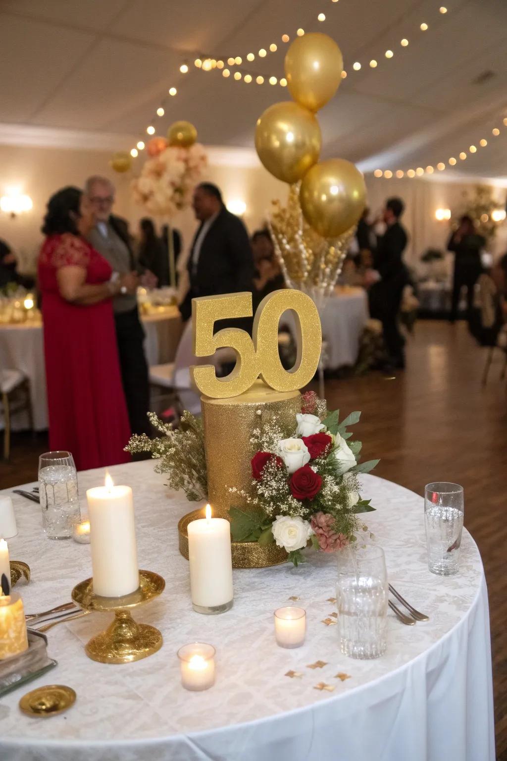 Large gilded '50' centerpieces fashion an impressive focal point.