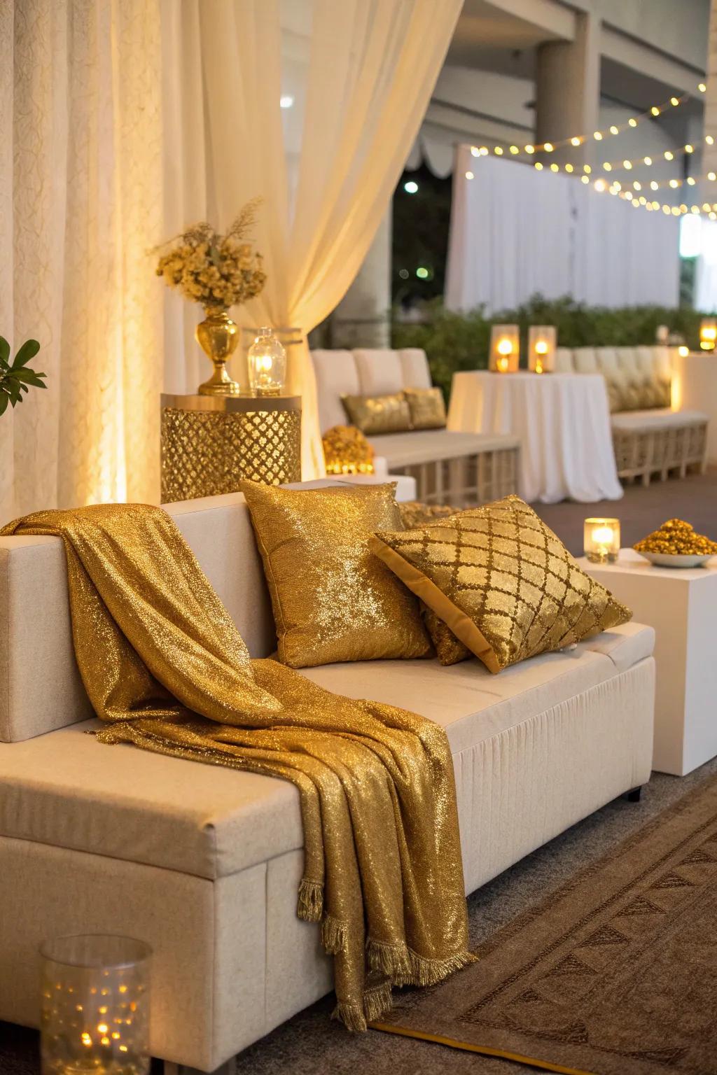 A chic seating space adorned in gold for added luxury.
