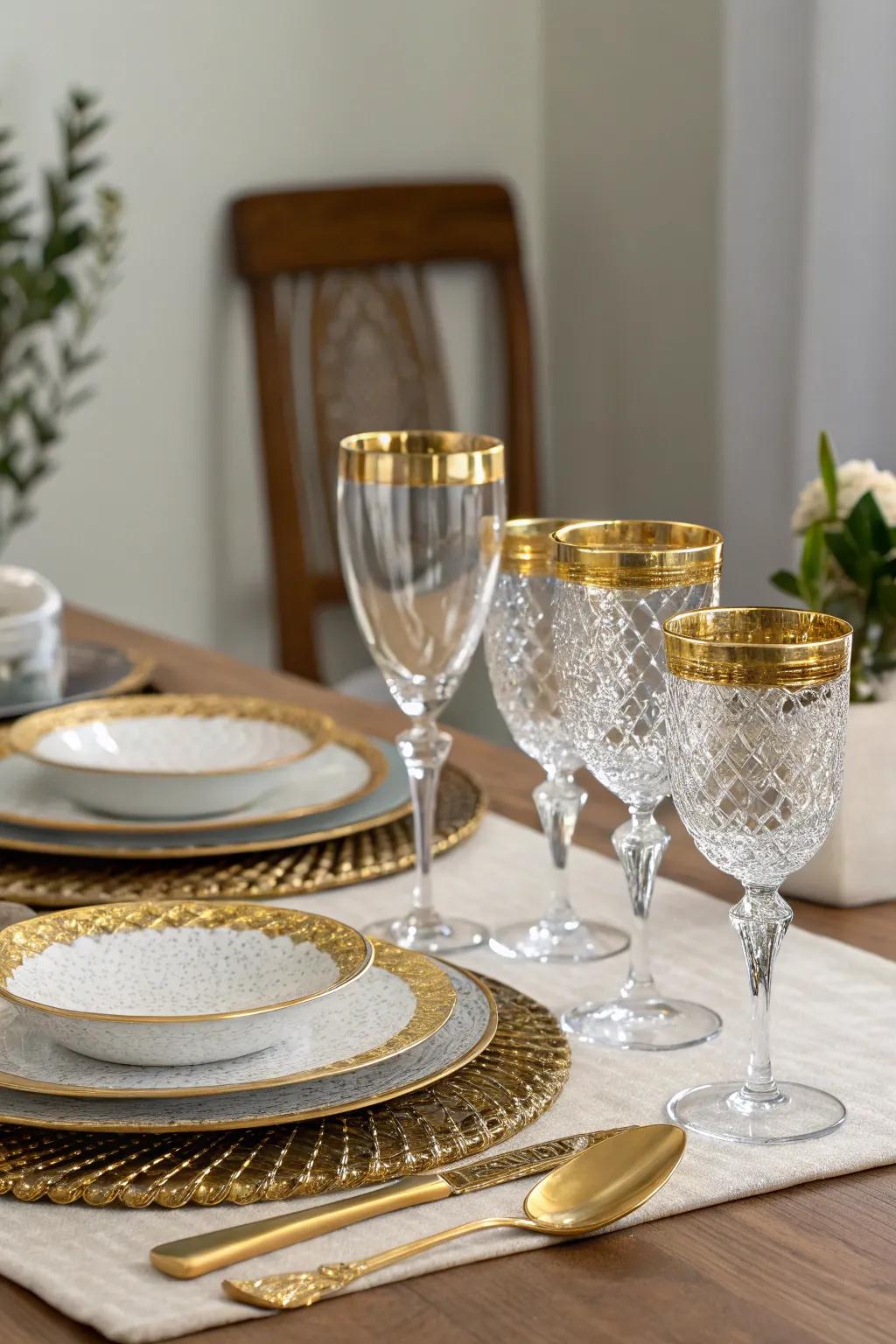 Extravagant gold-striped glassware elevating the dining occasion.