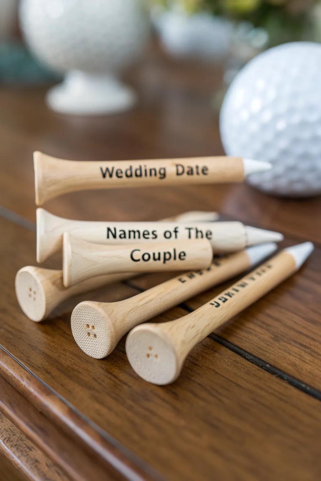 Personalized golf pegs make thoughtful and unique wedding favors.