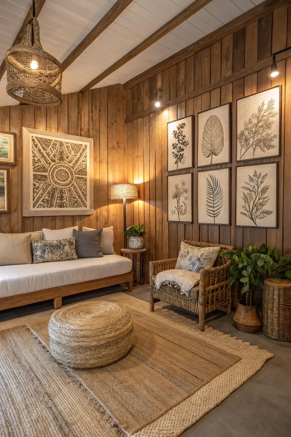 The space is given texture and warmth by wooden artwork.