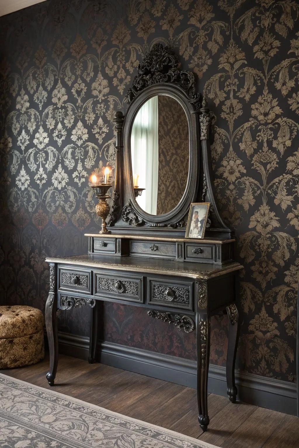 Structured wall covering furnishes a rich backdrop for your gothic vanity.