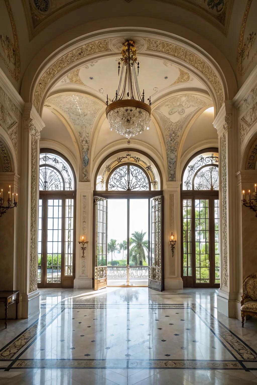 Vaulted portals and glazed openings contribute grace to a majestic entryway.