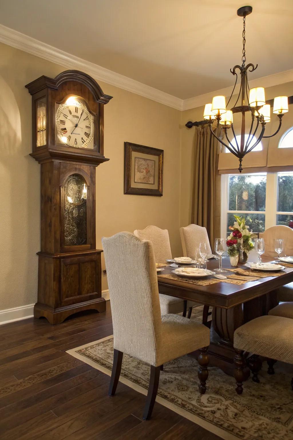 A longcase clock includes an elegant aspect to the dining room.