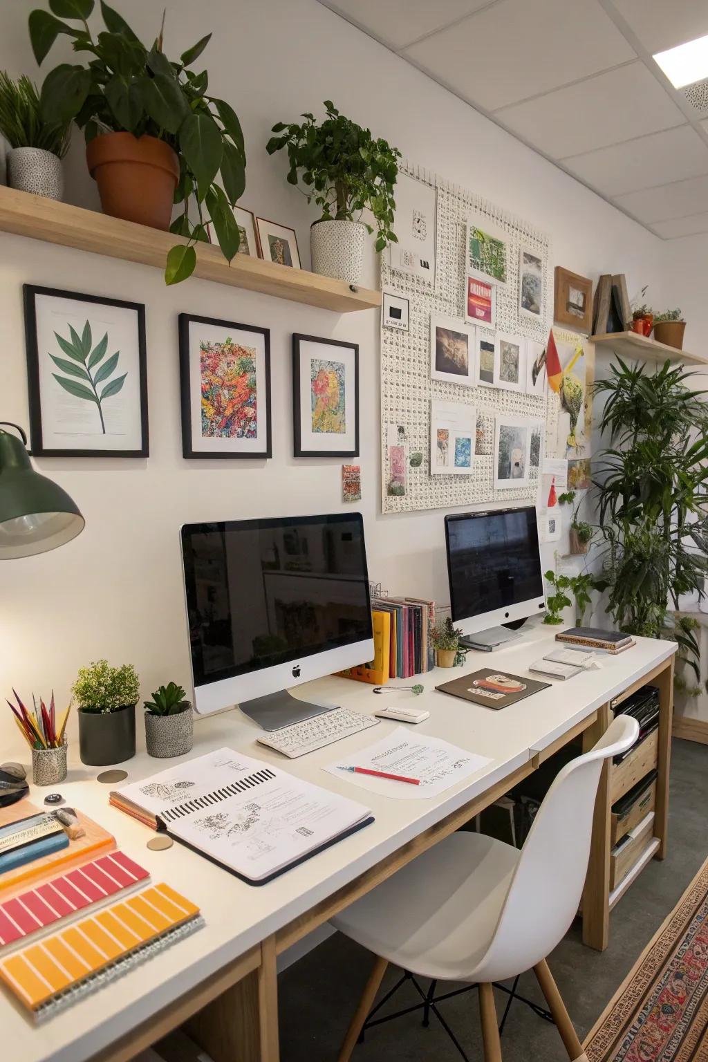 Personal touches transform a workspace into an inviting, personal sanctuary.