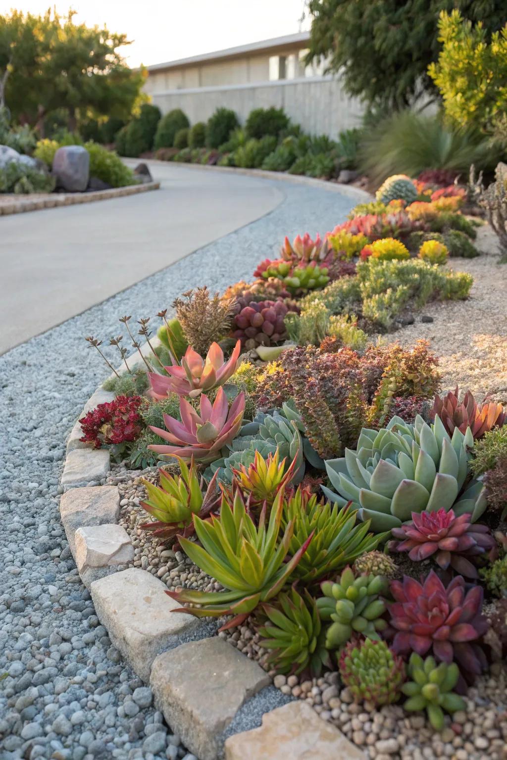 A thriving sanctuary for succulents within a pebble garden bed