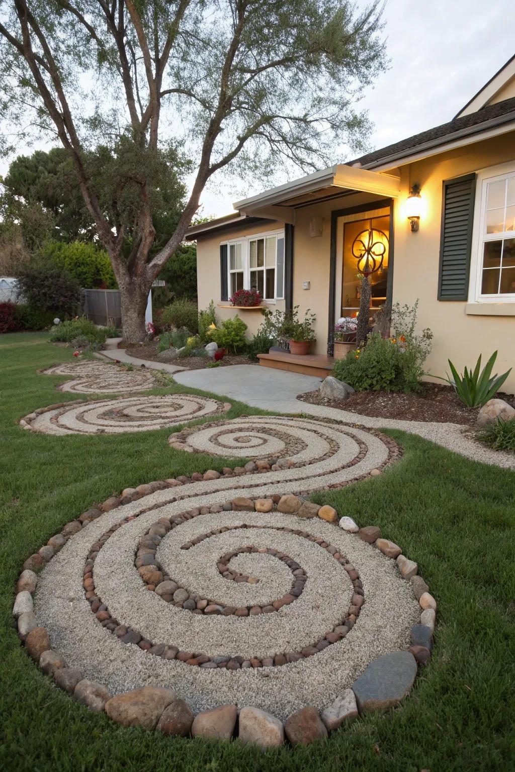 Artistic gravel patterns add a unique flair to the front yard.