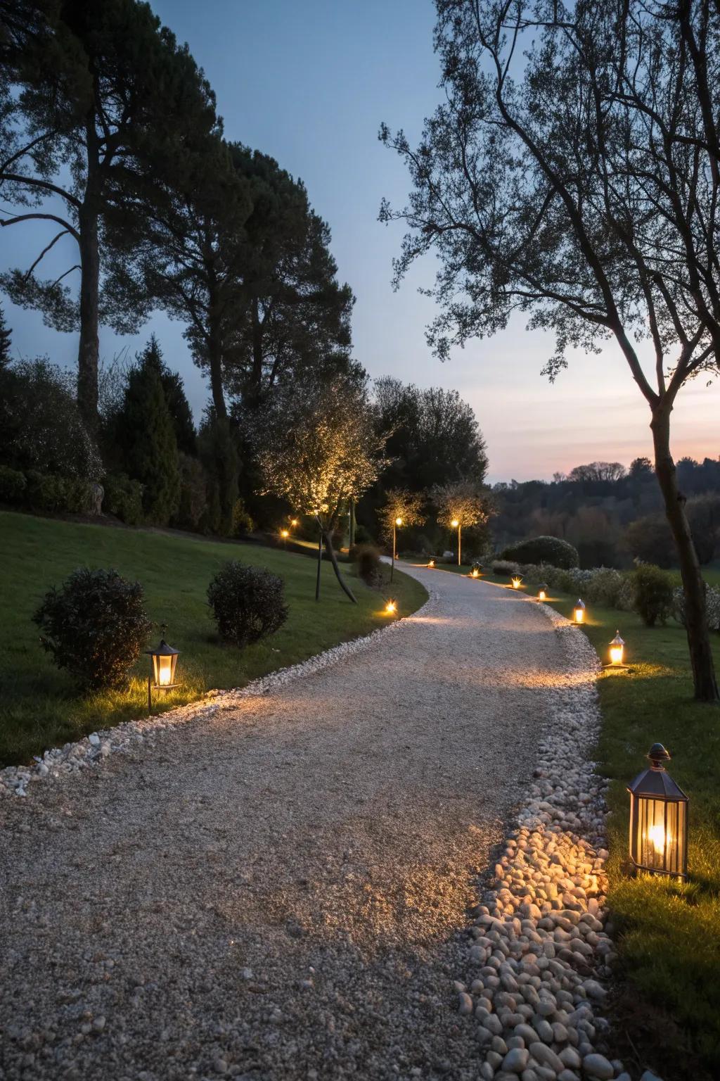Pathway lights create a captivating ambiance at nighttime.