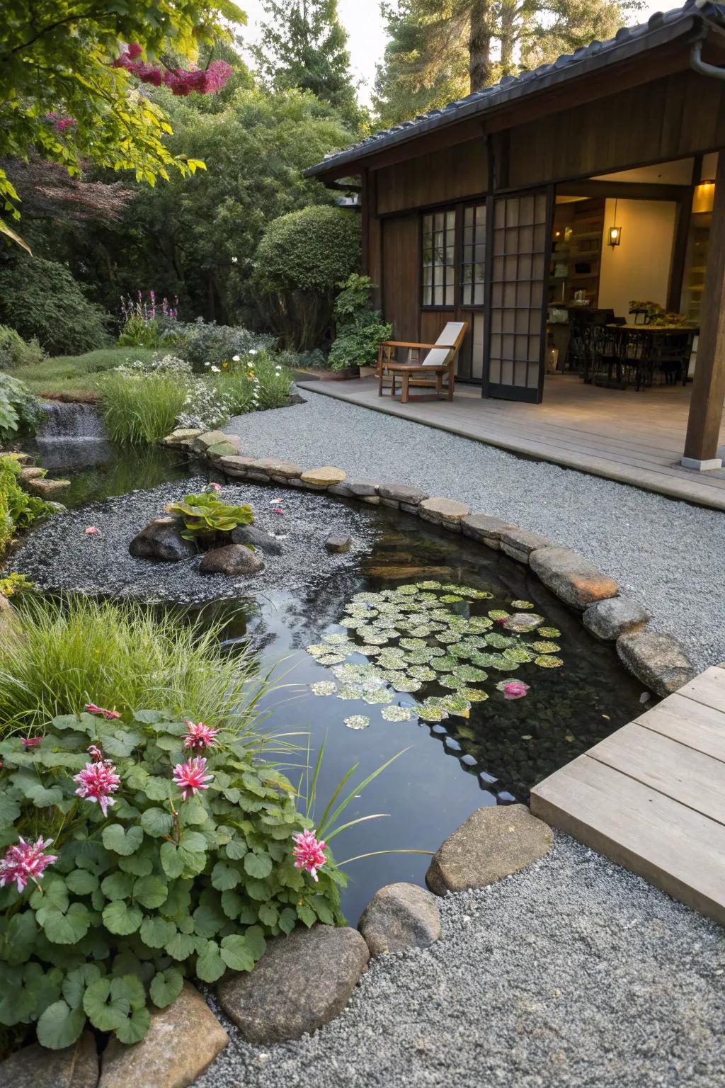 A gravel patio improved by a tranquil water feature, establishing a serene atmosphere.
