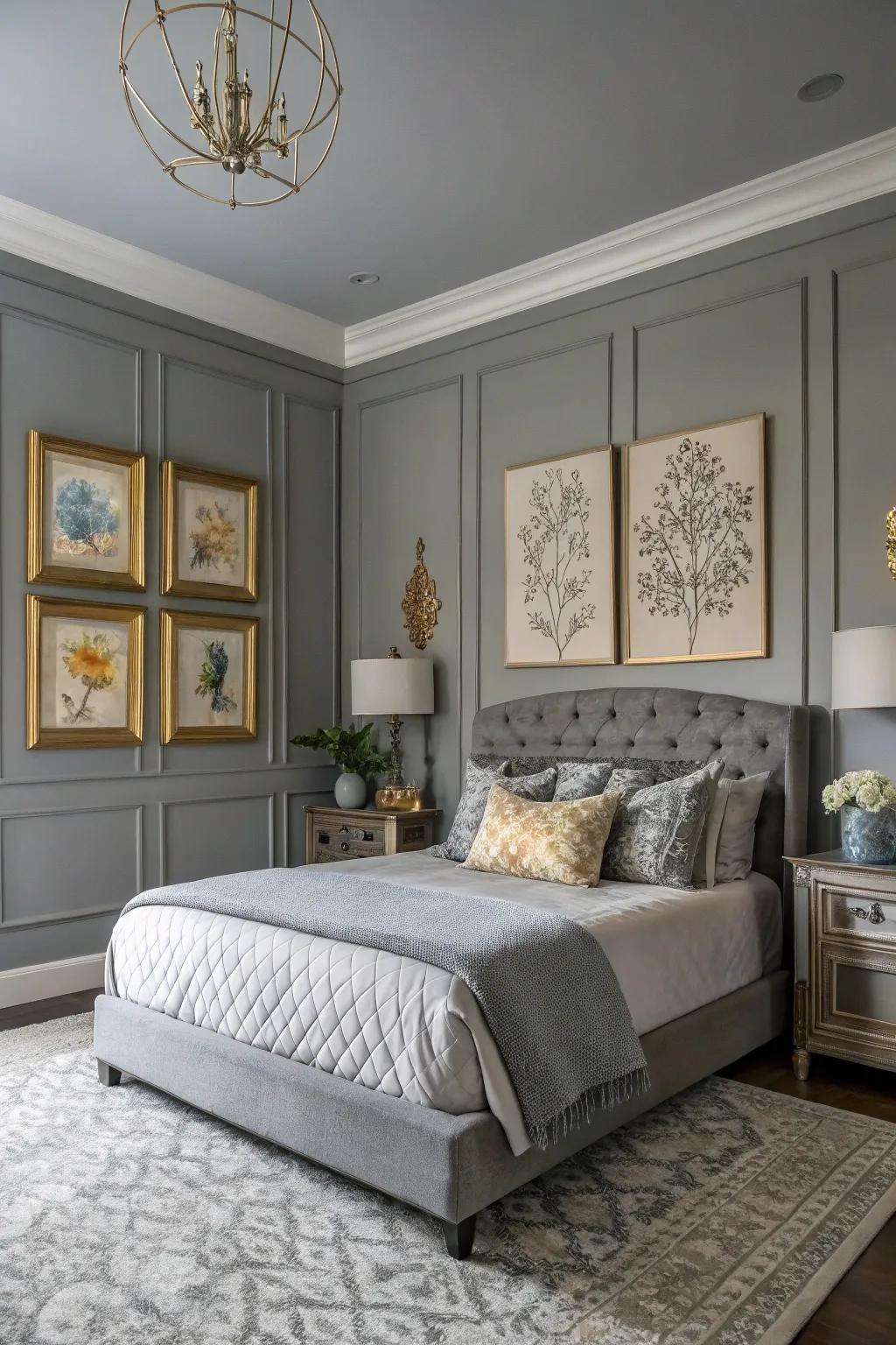 Art and decor give a personal touch to a gray bedroom.