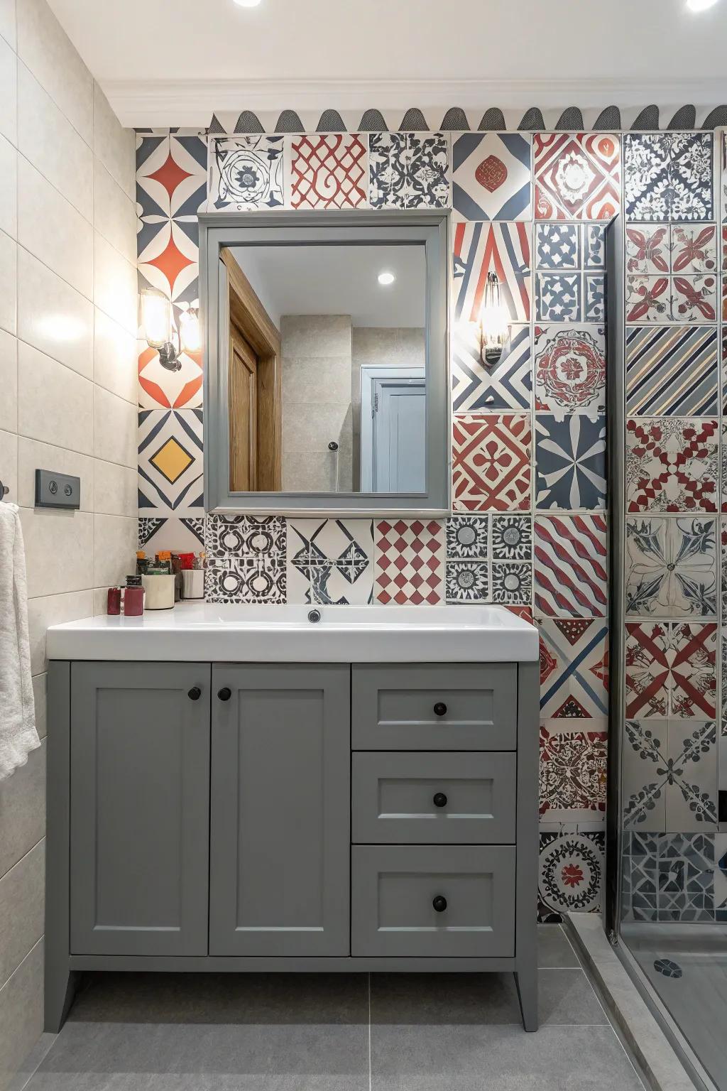 A playful lavatory design with patterns surrounding a gray stand.