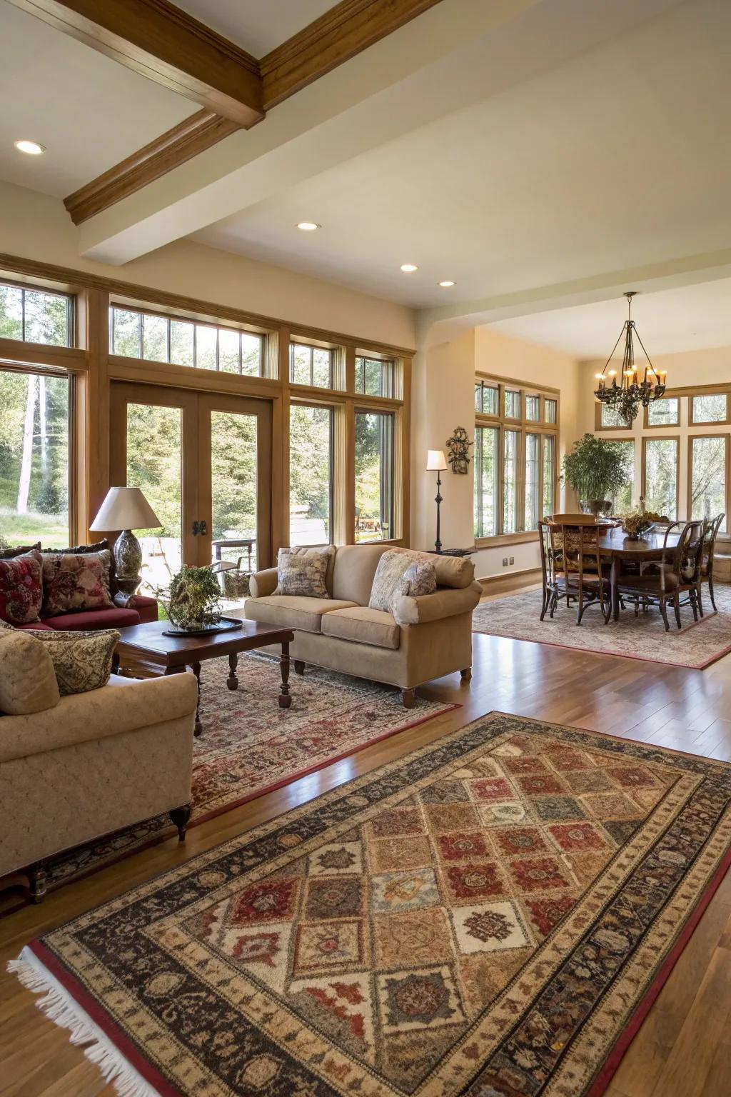 Rugs introduce division and coziness to the great room layout.