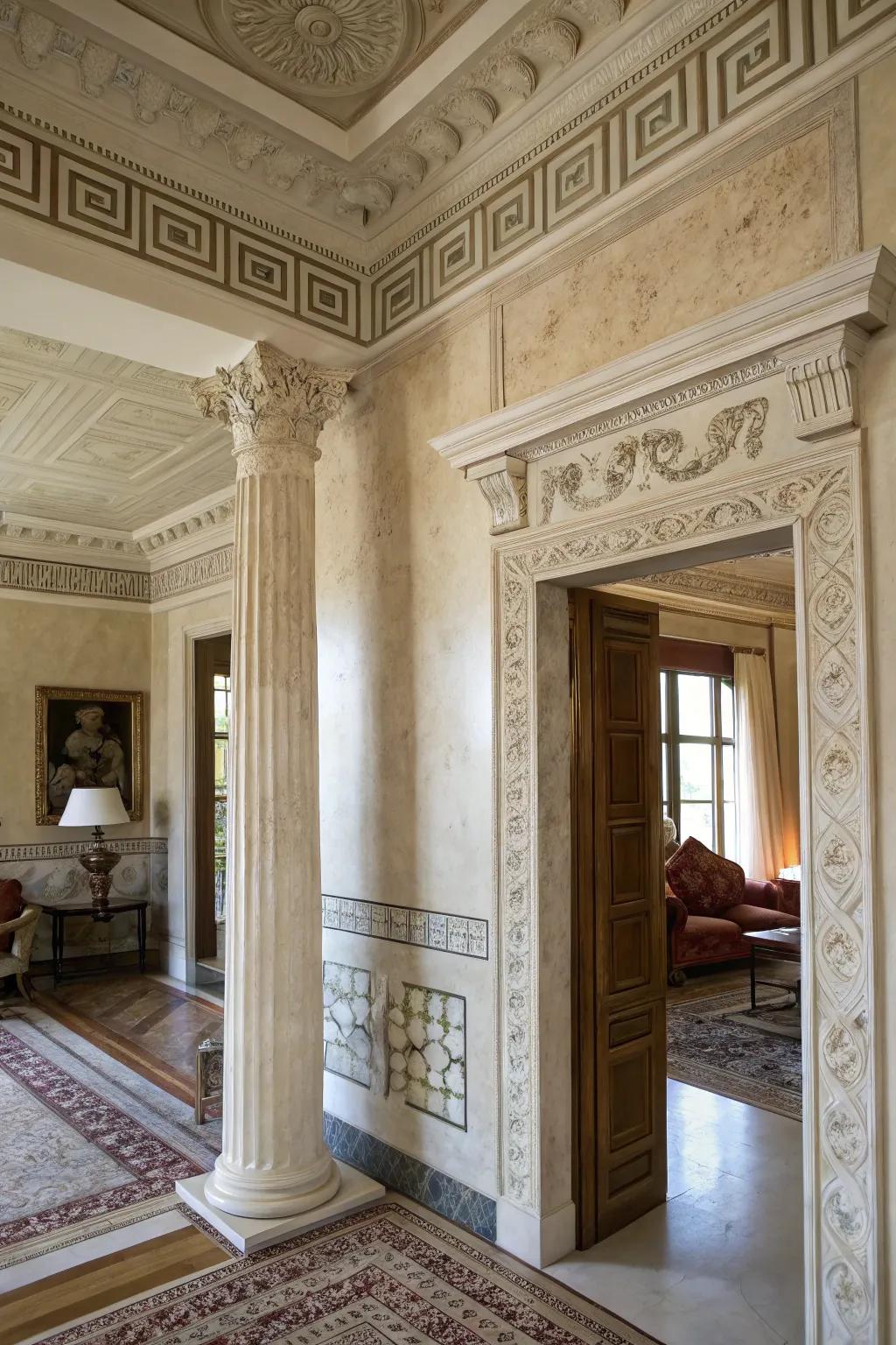 Stone and plaster textures impart dimension to Greek decor.