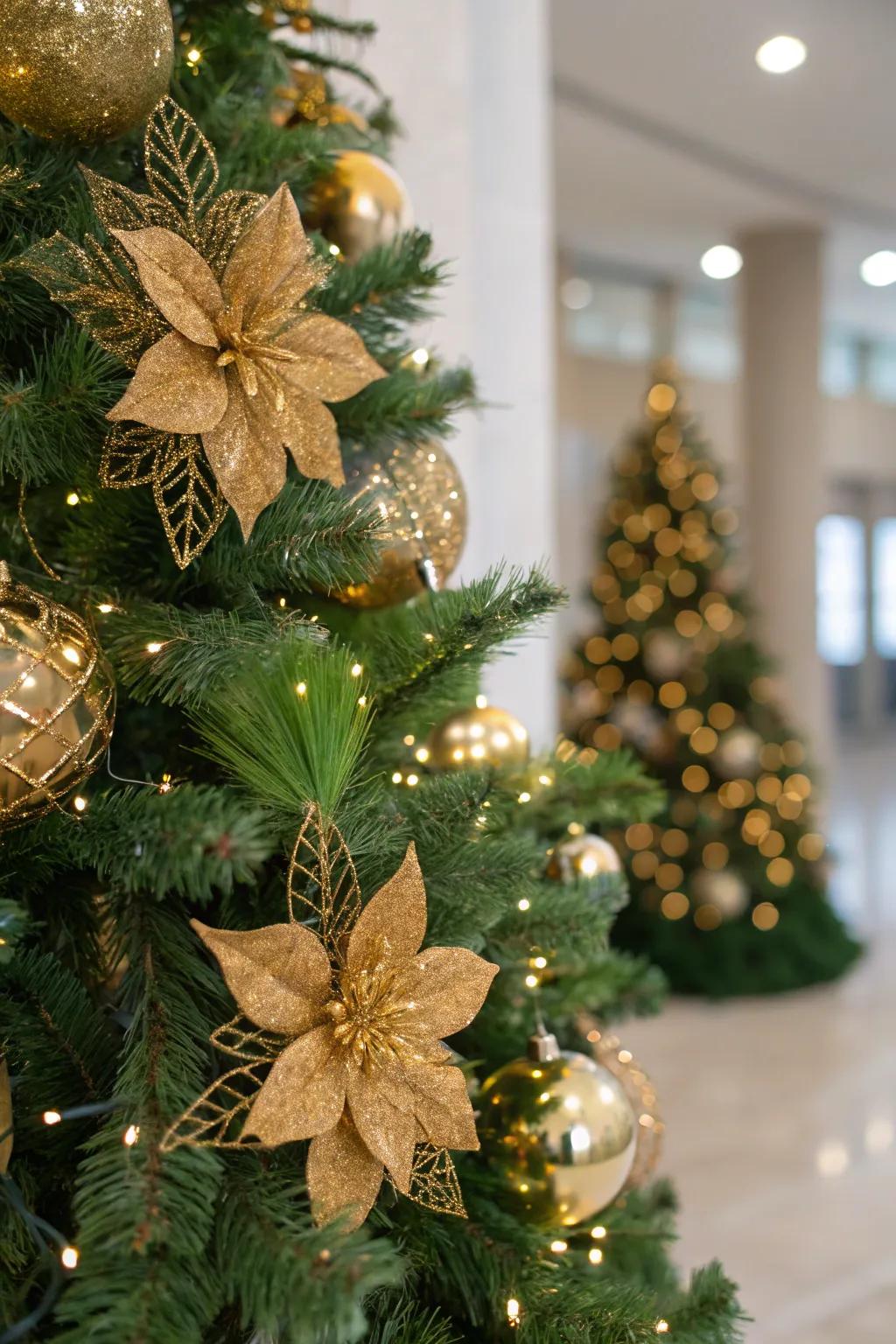 Evergreen foliage and glimmer floral components adorning a tree
