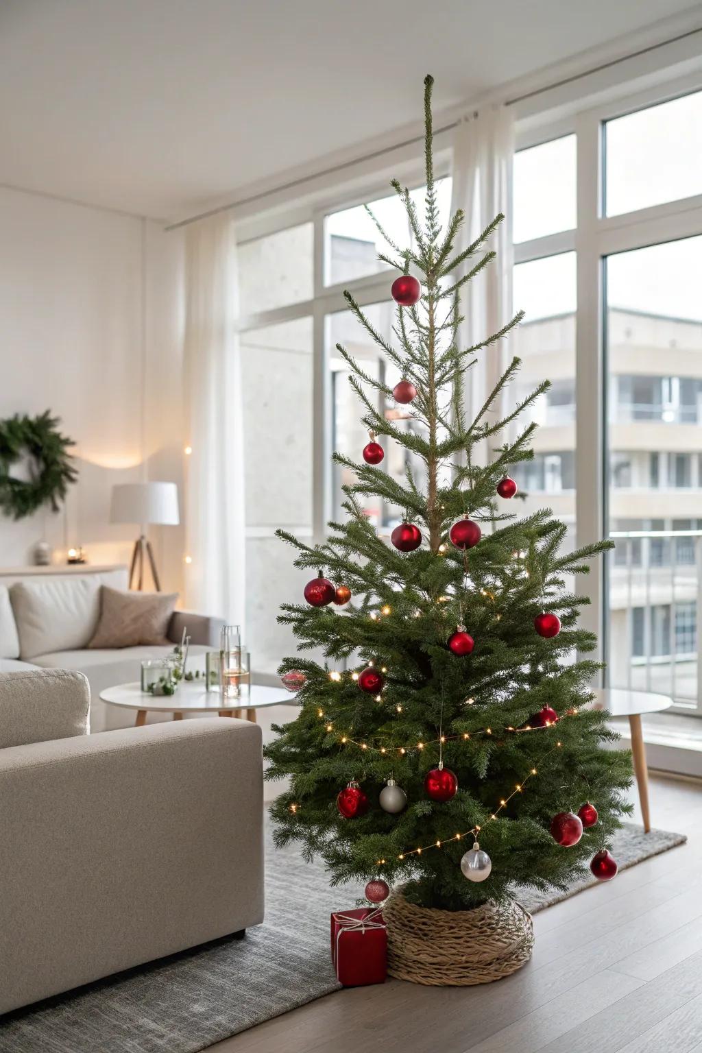 A minimalist Christmas tree showcasing subtle crimson and emerald decorations.