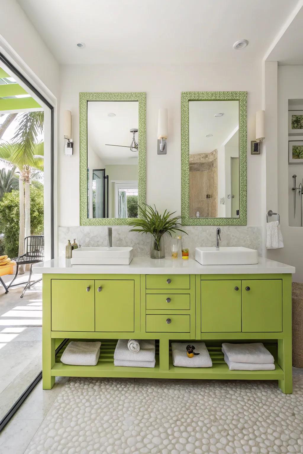 Lime green vanity introducing a lively touch to a contemporary restroom.