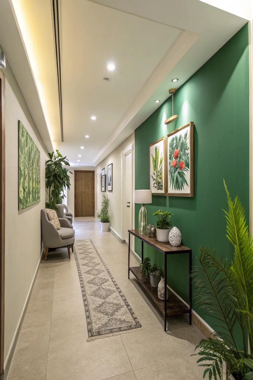 A green feature wall adds depth and visual interest to this hallway.